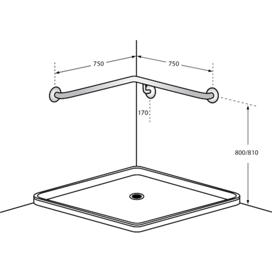 Corner Shower Grab Rail Left Hand - 750mm x 750mm SS