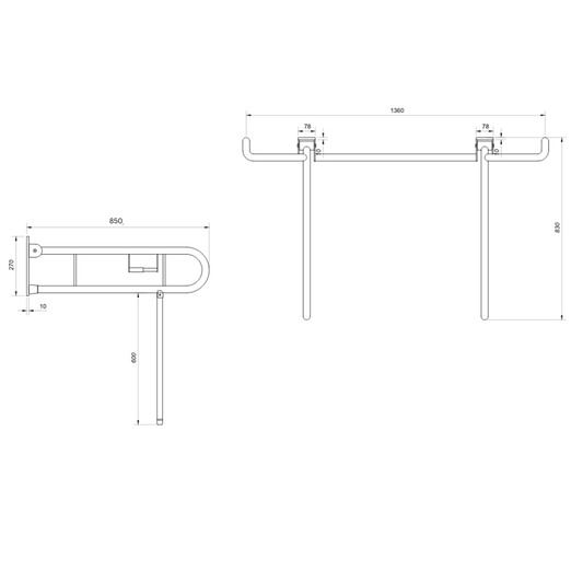 Changing Places Bariatric Twin Drop Down Grab Rails. Left-Hand Drop Down Rail contains a Toilet Roll Holder and Right-Hand Drop Down Rail contains a Nurse Call in Satin Stainless Steel * Special Order Product