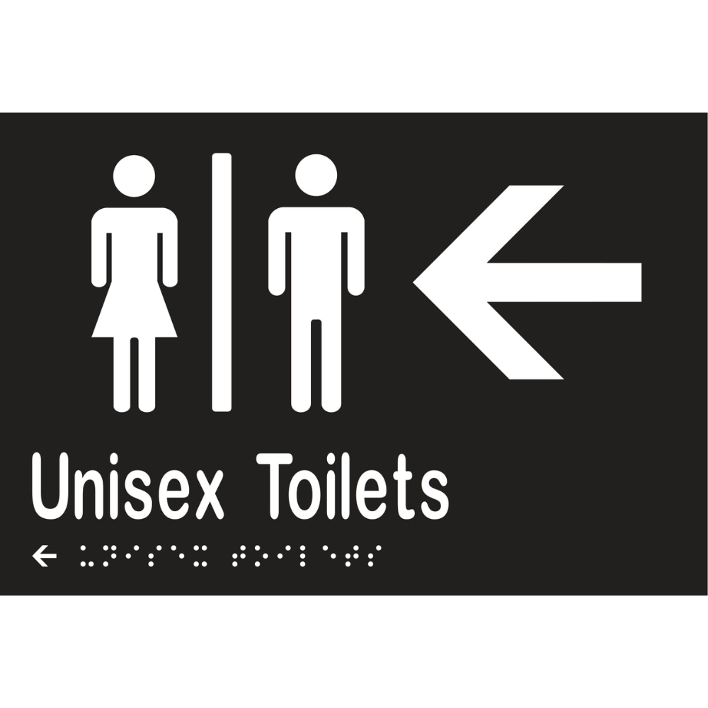 Unisex Toilets Div & Left Arrow Braille Sign - Vinyl - Black with White Infill