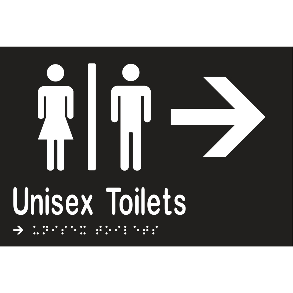 Unisex Toilets Div & Right Arrow Braille Sign - Vinyl - Black with White Infill
