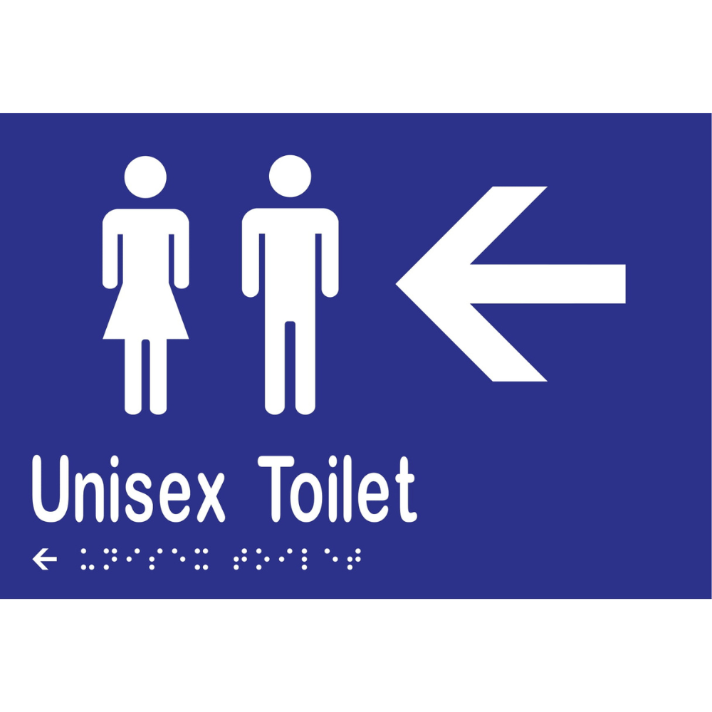 Unisex Toilet & Left Arrow Braille Sign -Vinyl - Blue with White Infill