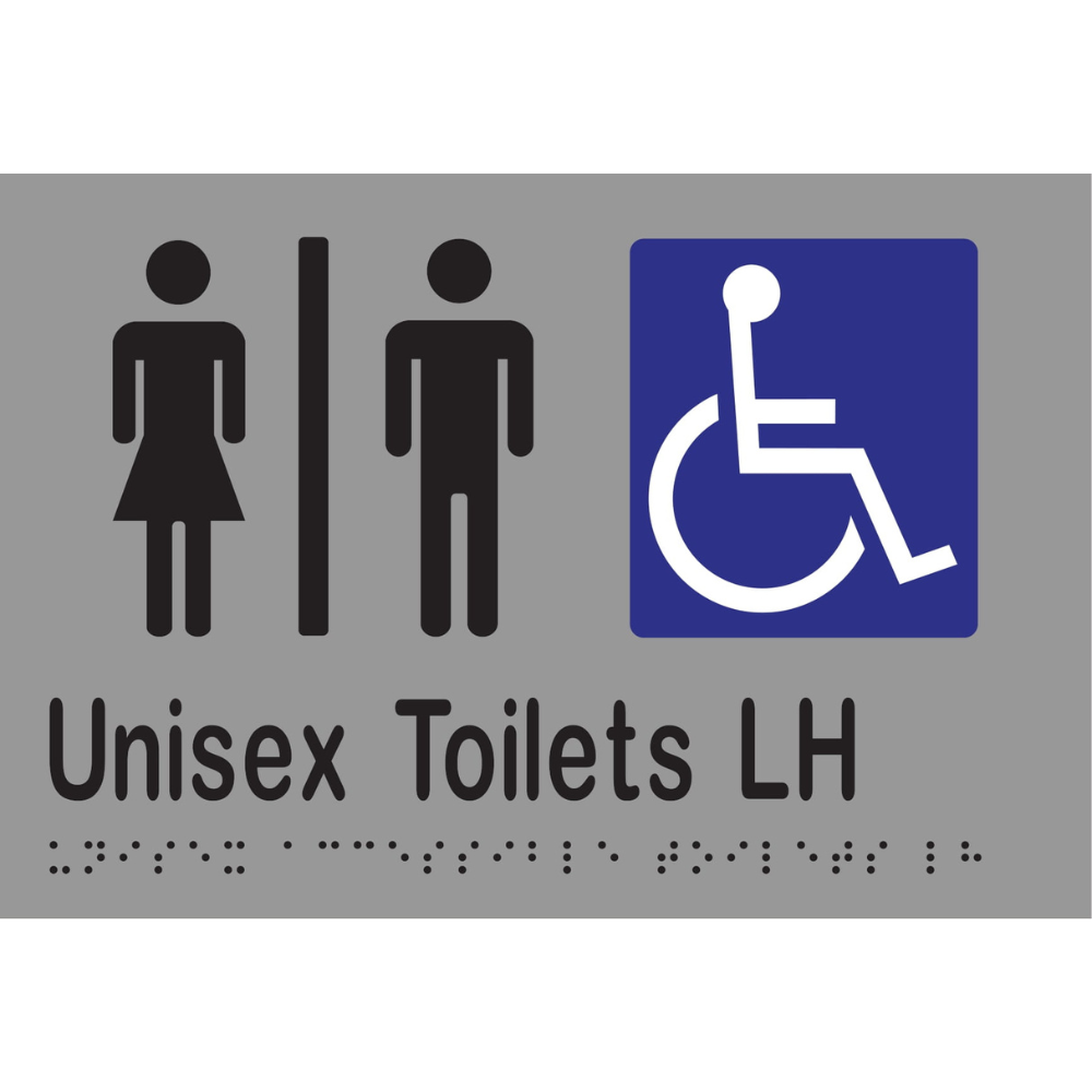Unisex Acc Tlts Divided LH Braille Sign - Vinyl - Silver with Black Infill