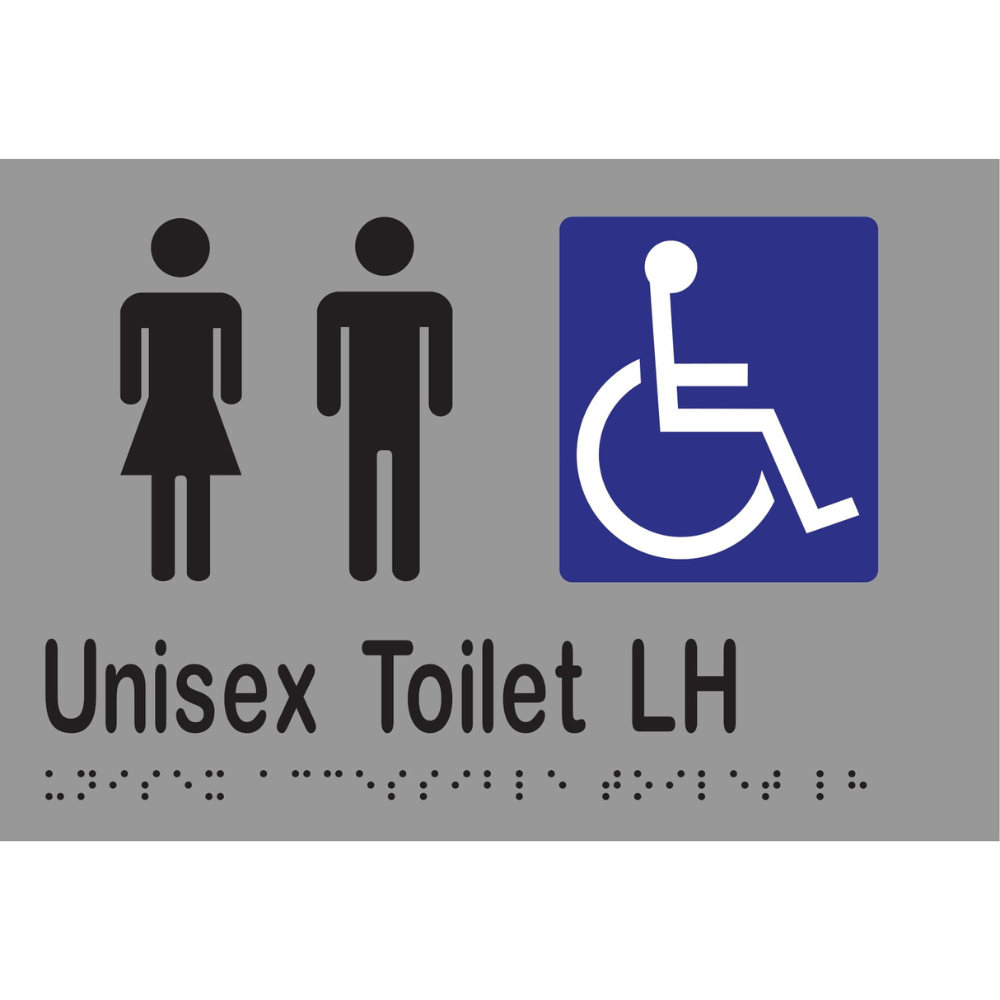 Unisex Acc Toilet LH Braille Sign - Stainless Steel with Black Infill