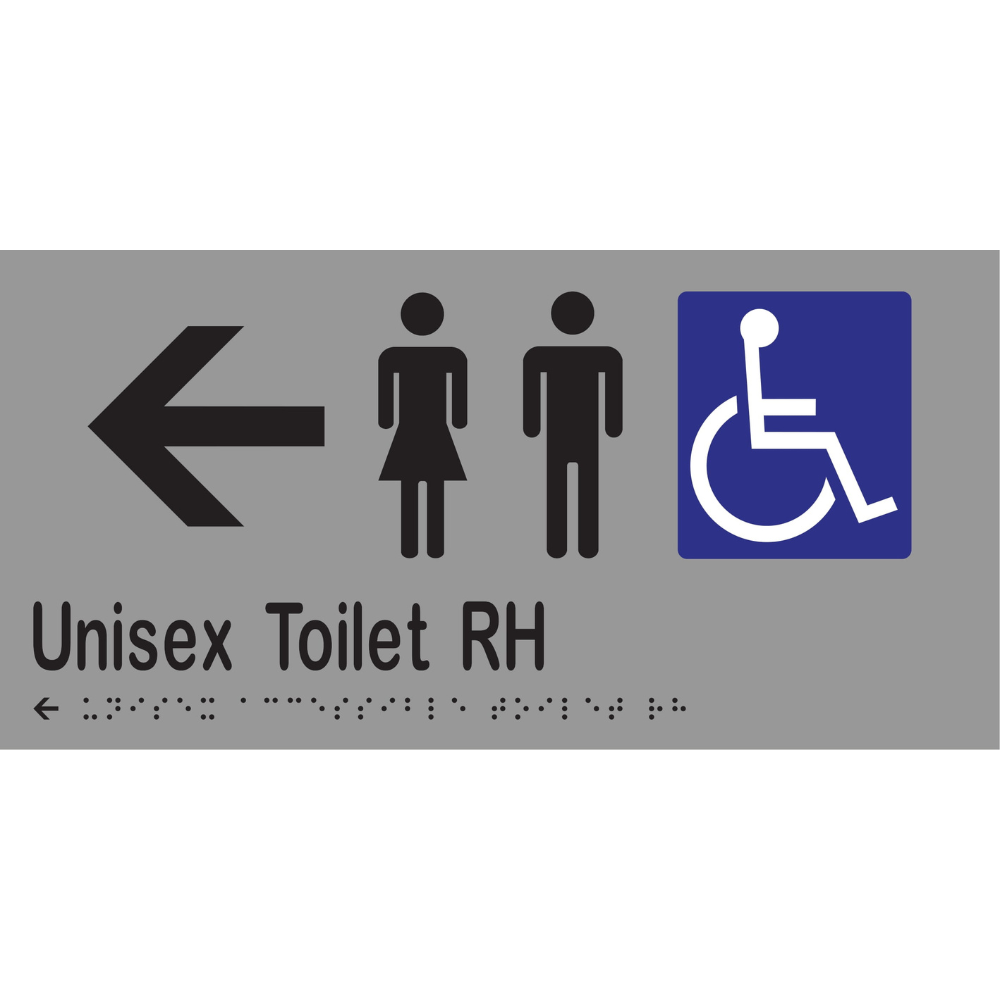 Unisex Acc Toilet RH & Left Arrow Braille Sign - Stainless Steel with Black Infill