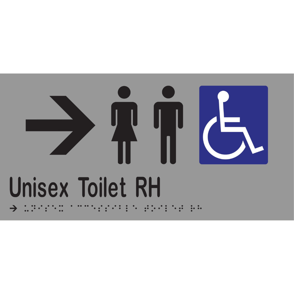 Unisex Acc Toilet RH & Right Arrow Braille Sign - Vinyl - Silver with Black Infill