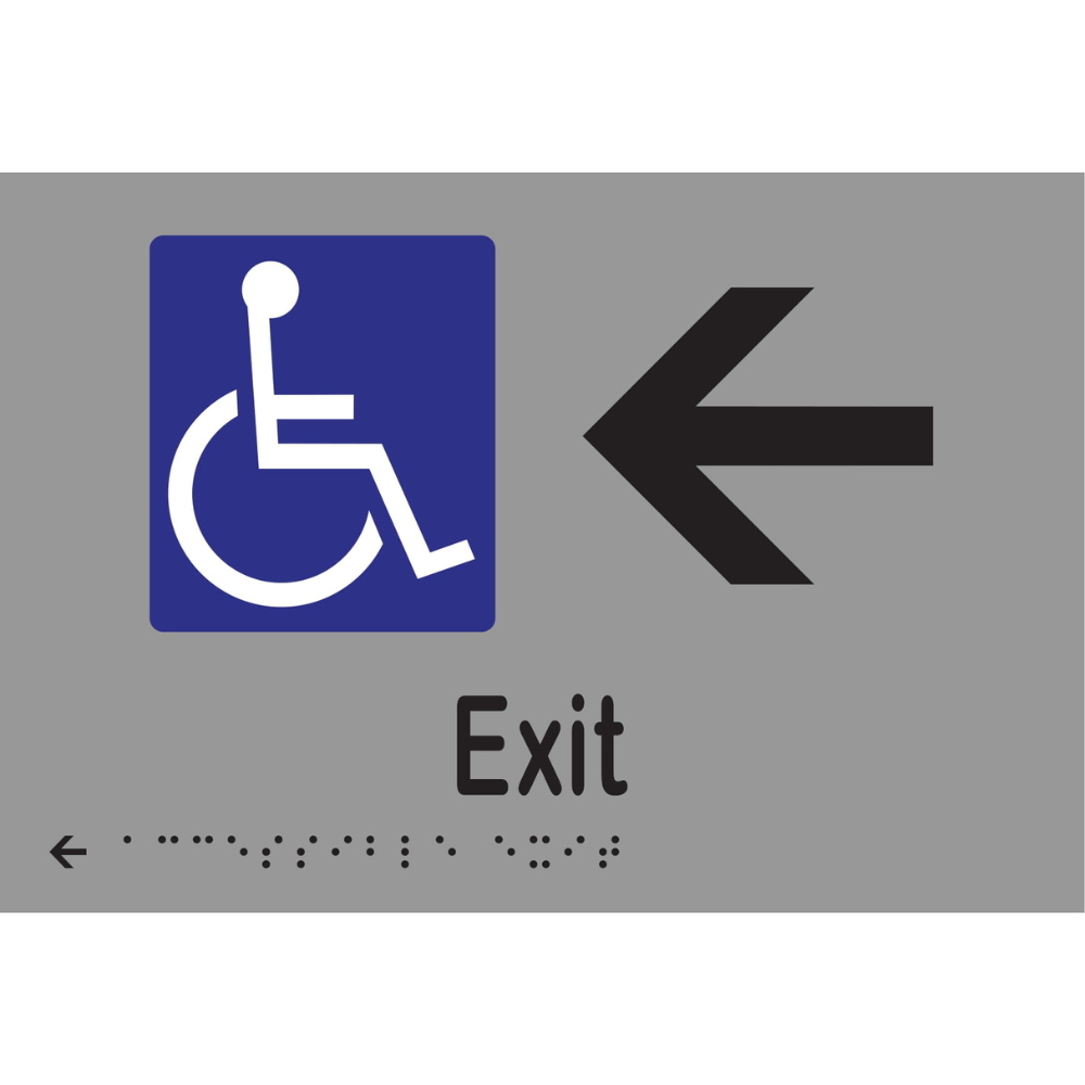 Accessible Exit & Left Arrow Braille Sign - Vinyl - Silver with Black Infill