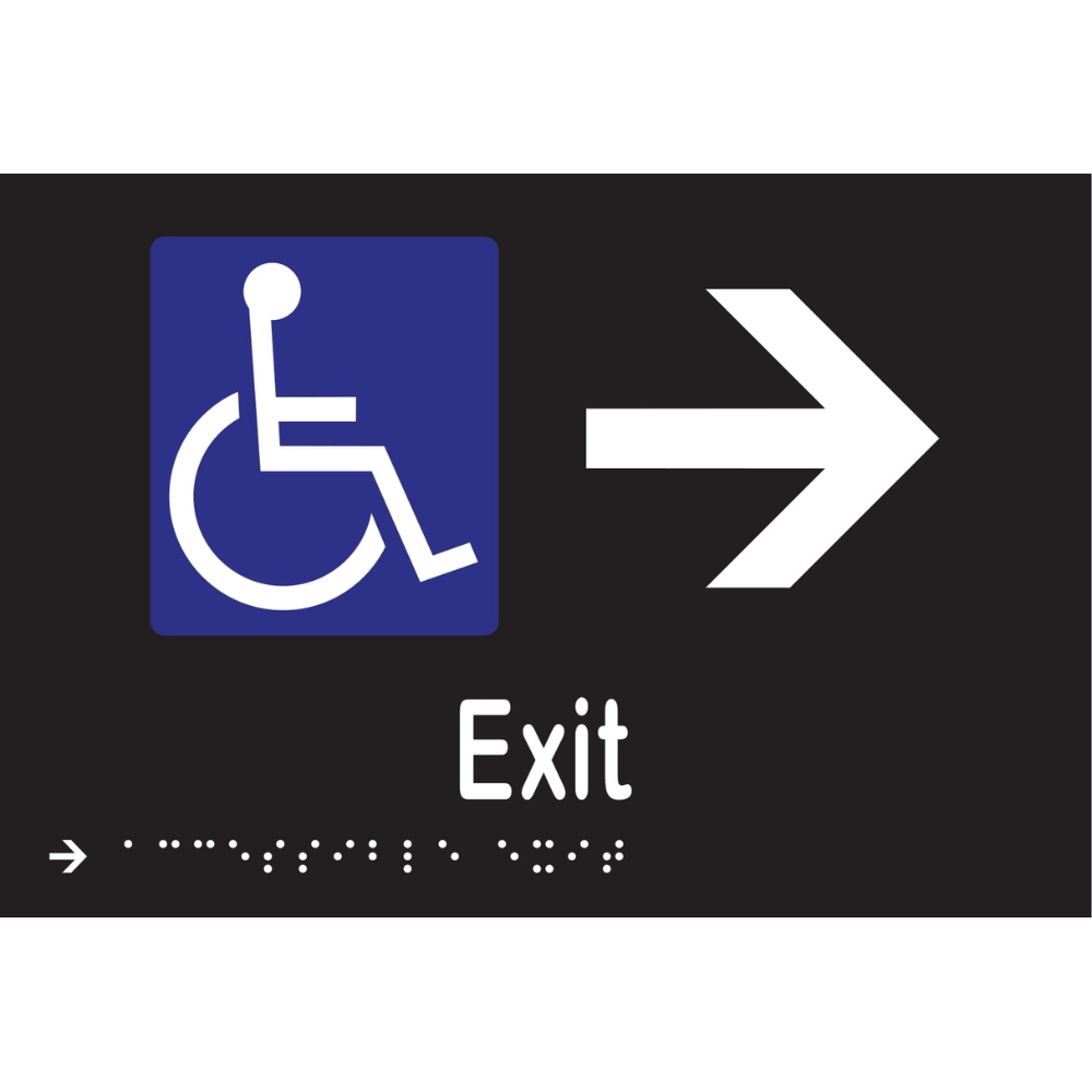 Accessible Exit & Right Arrow Braille Sign - Vinyl - Black with White Infill