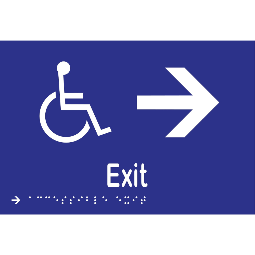 Accessible Exit & Right Arrow Braille Sign -Vinyl - Blue with White Infill