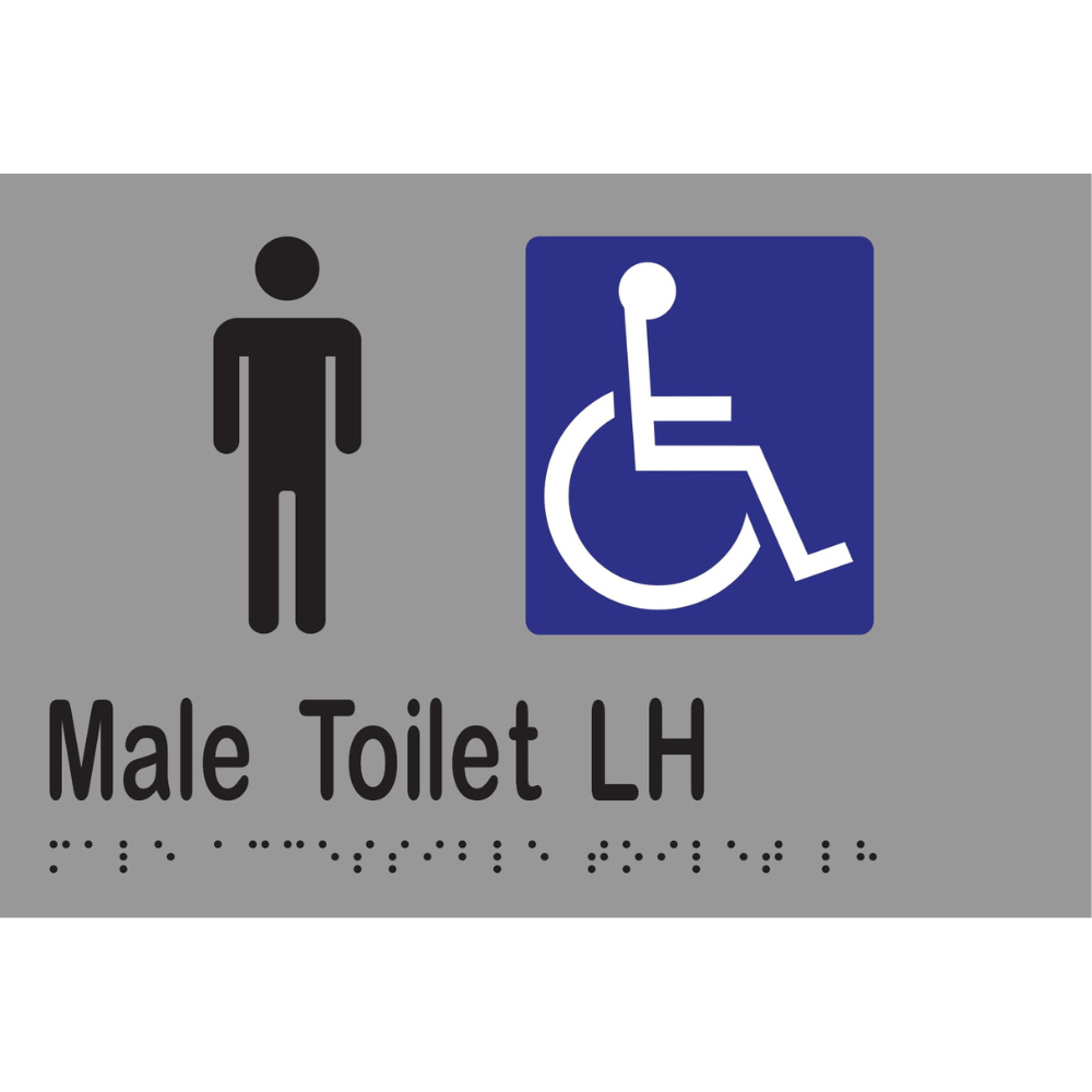 Male Acc Toilet LH Braille Sign - Stainless Steel with Black Infill