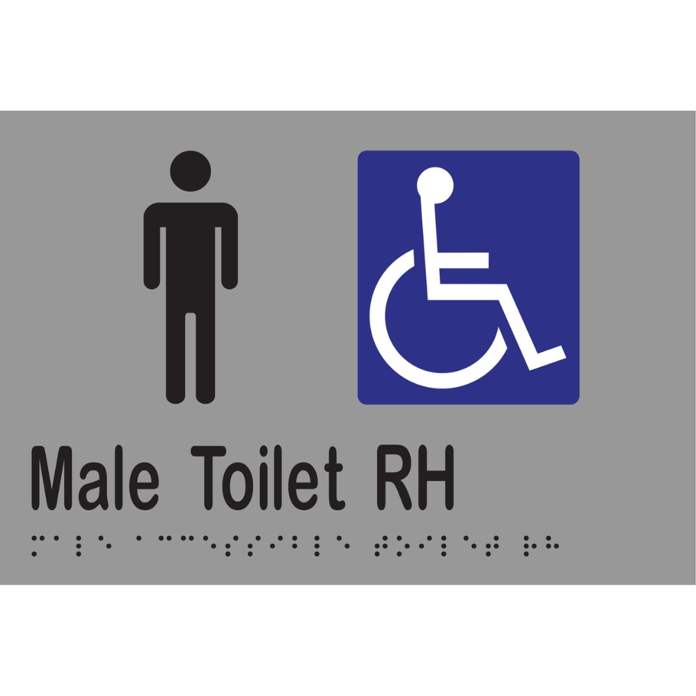 Male Acc Toilet RH Braille Sign - Vinyl - Silver with Black Infill