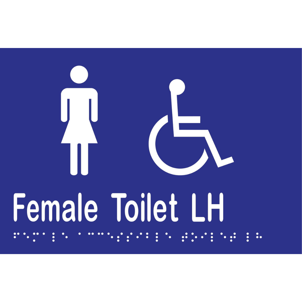 Female Acc Toilet LH Braille Sign -Vinyl - Blue with White Infill