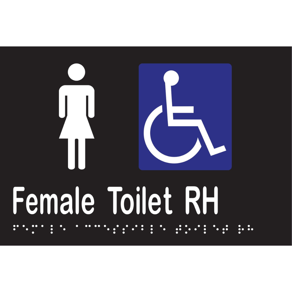 Female Acc Toilet RH Braille Sign - Vinyl - Black with White Infill