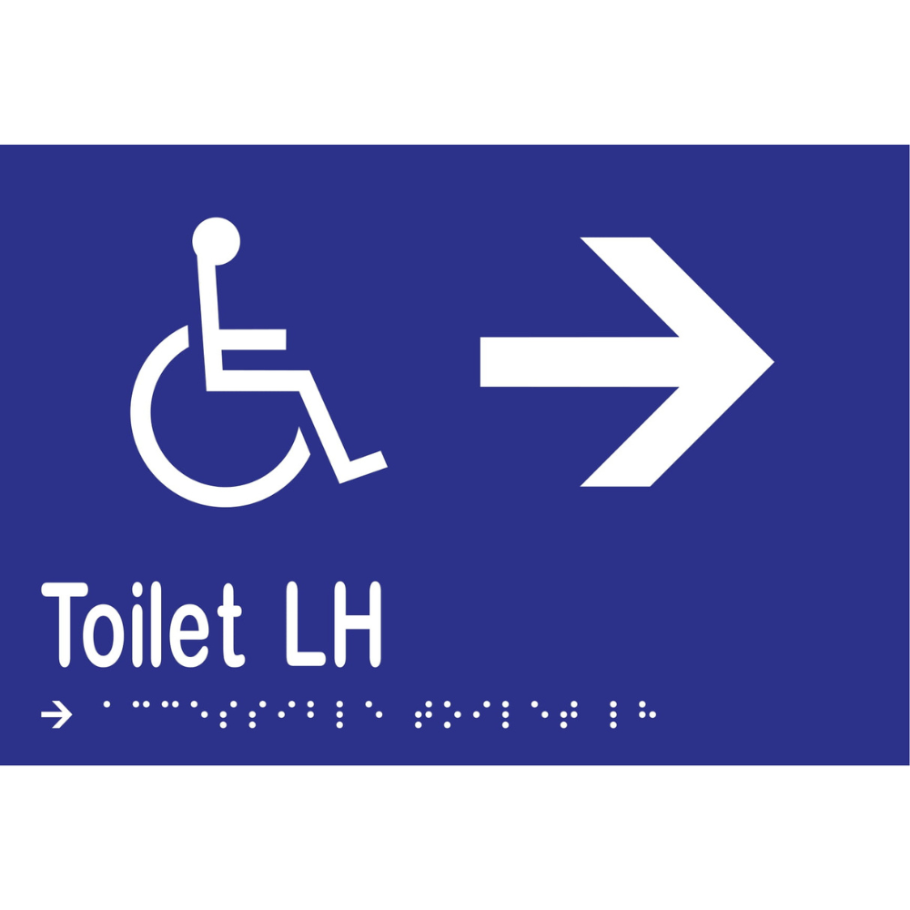 Accessible Toilet LH & Right Arrow Braille Sign -Vinyl - Blue with White Infill