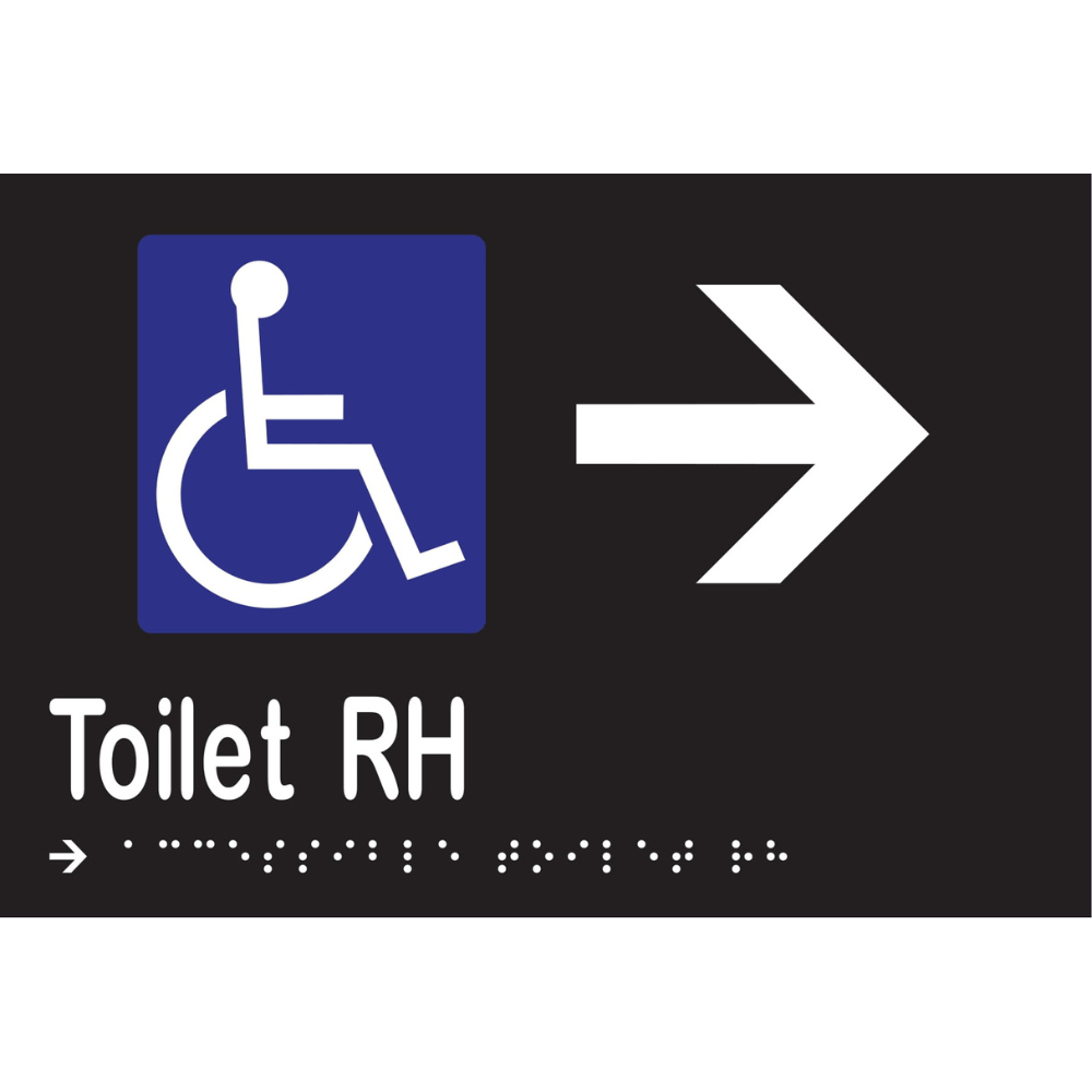 Accessible Toilet RH & Right Arrow Braille Sign - Vinyl - Black with White Infill