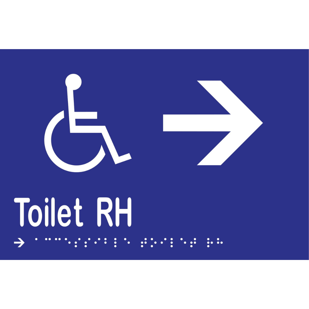 Accessible Toilet RH & Right Arrow Braille Sign -Vinyl - Blue with White Infill