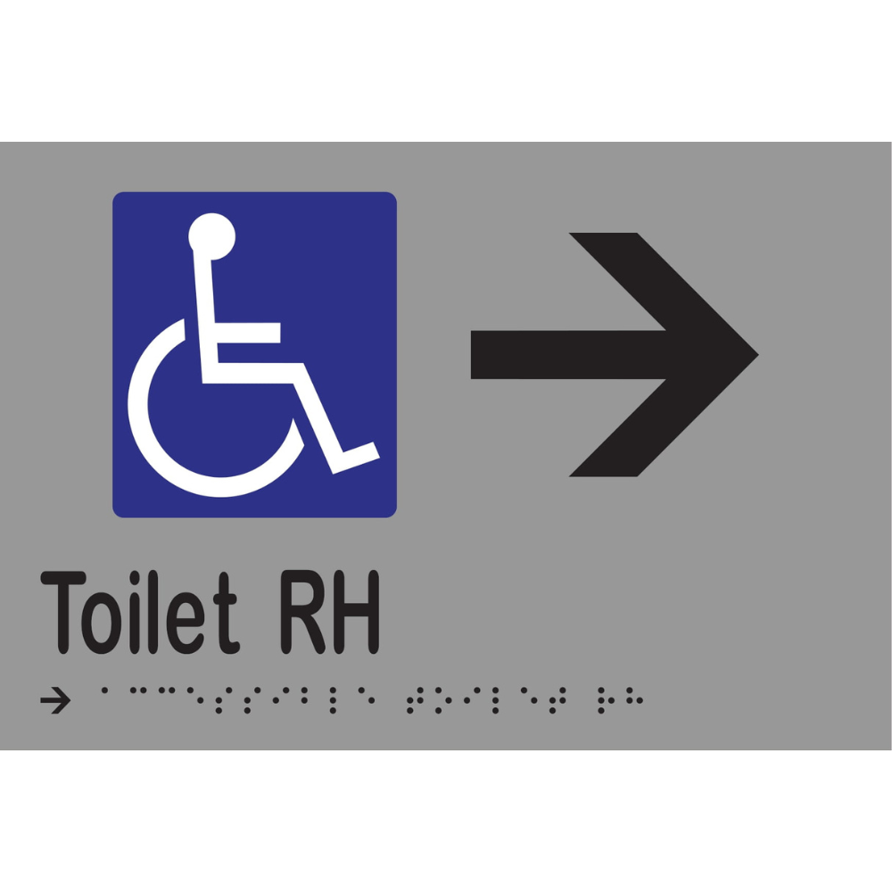 Accessible Toilet RH & Right Arrow Braille Sign - Vinyl - Silver with Black Infill