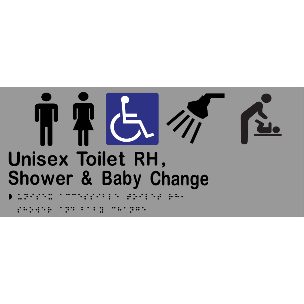 Unisex Accessible Toilet RH, Shower & Baby Change Sign - Vinyl - Silver with Black Infill
