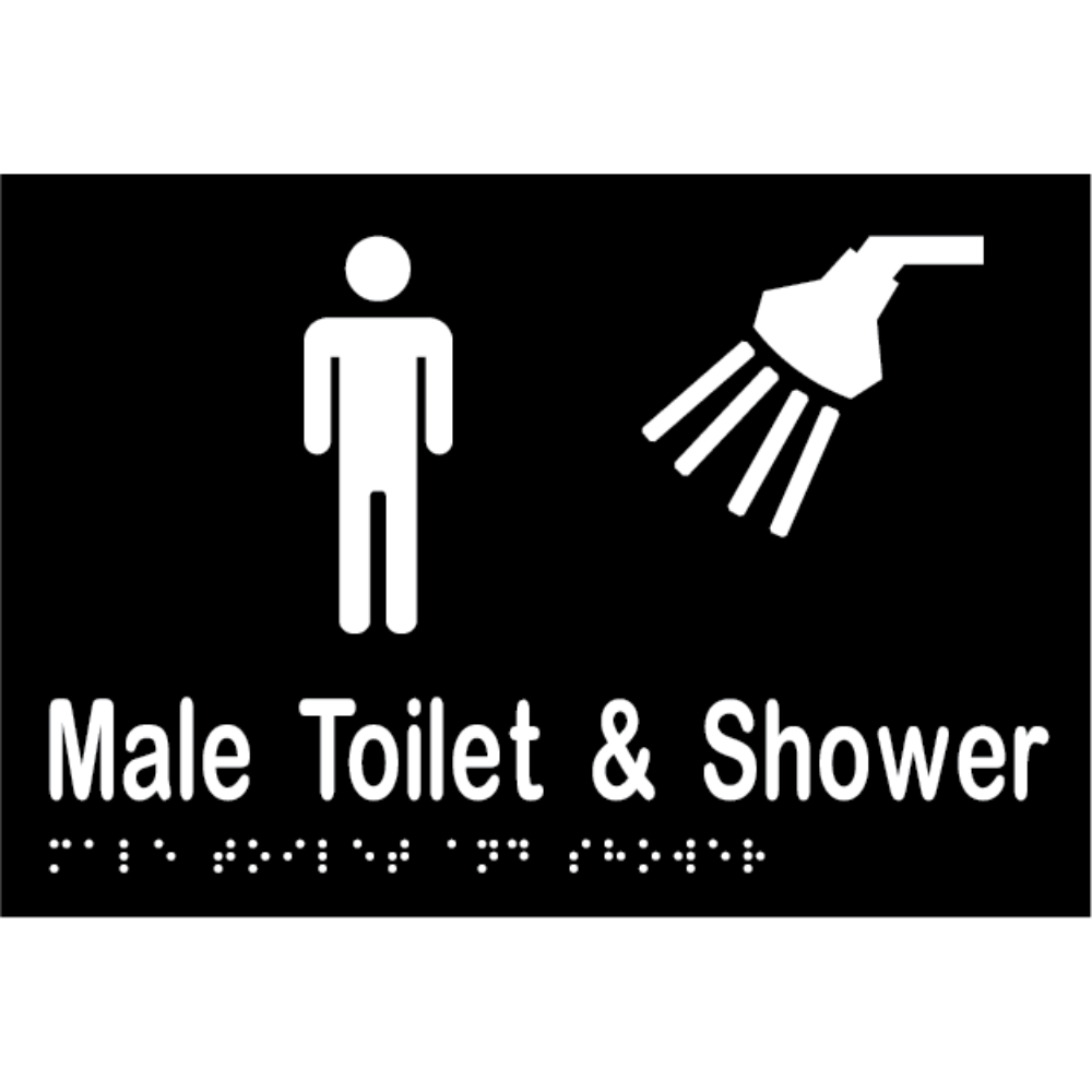 Male Toilet & Shower Braille Sign - Vinyl - Black with White Infill