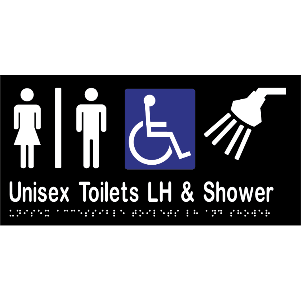 Unisex Acc Tlt Div LH & Shower Braille Sign - Vinyl - Black with White Infill