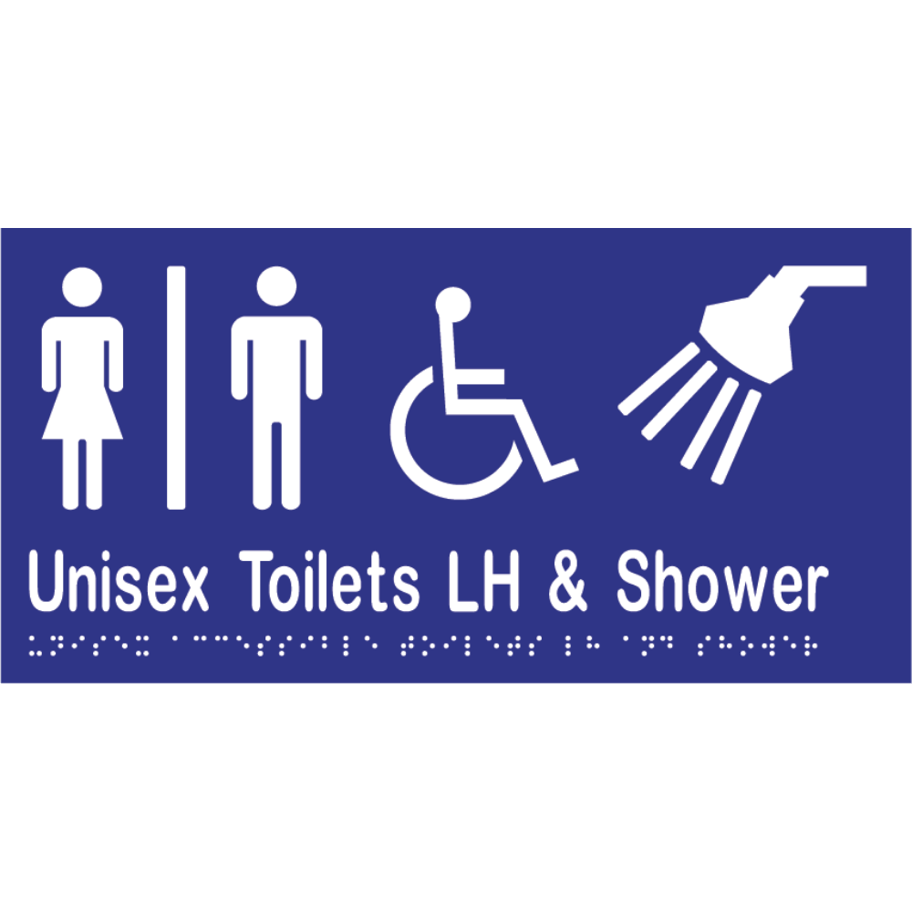Unisex Acc Tlt Div LH & Shower Braille Sign -Vinyl - Blue with White Infill