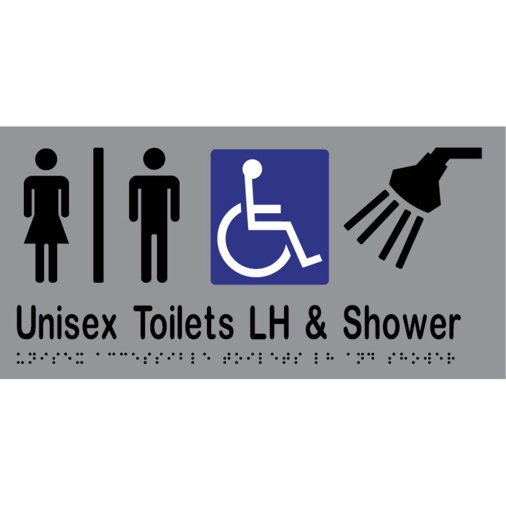 Unisex Acc Tlt Div LH & Shower Braille Sign - Vinyl - Silver with Black Infill