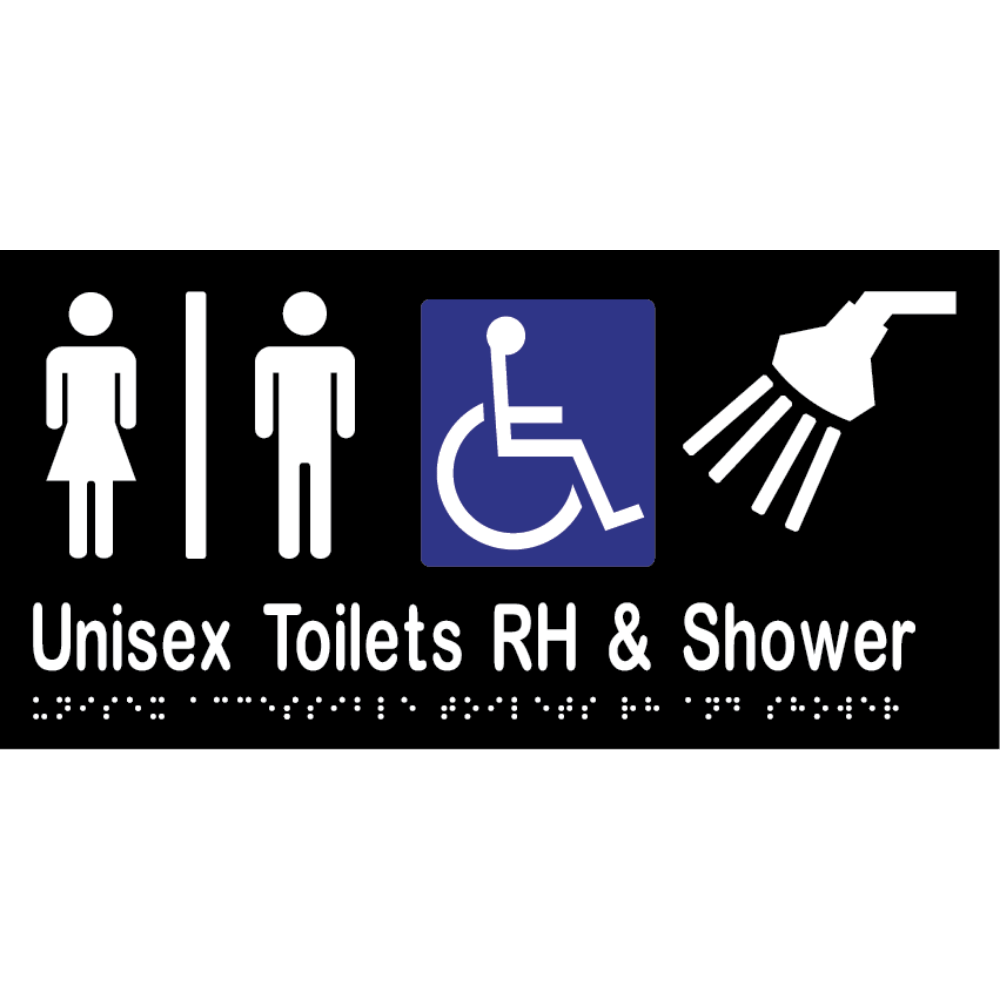 Unisex Acc Tlt Div RH & Shower Braille Sign - Vinyl - Black with White Infill