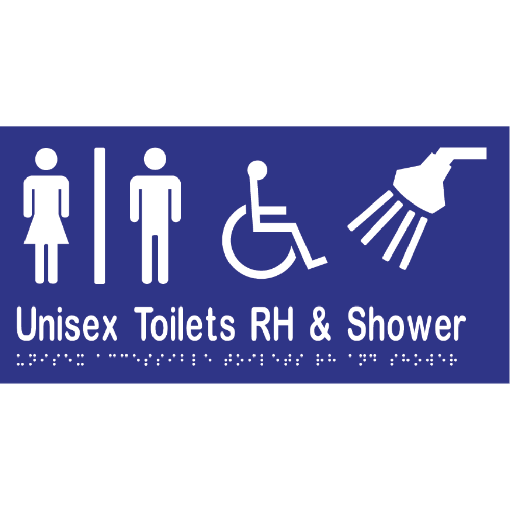 Unisex Acc Tlt Div RH & Shower Braille Sign -Vinyl - Blue with White Infill