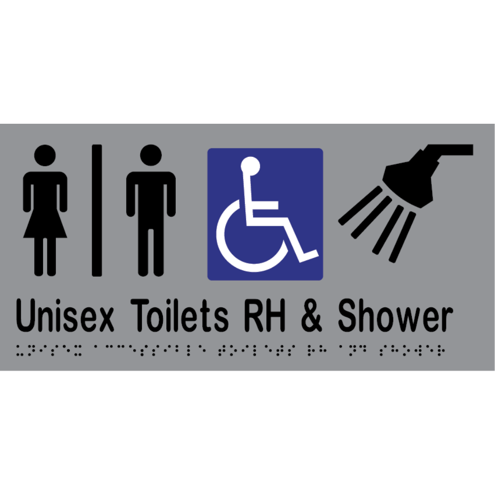 Unisex Acc Tlt Div RH & Shower Braille Sign - Vinyl - Silver with Black Infill