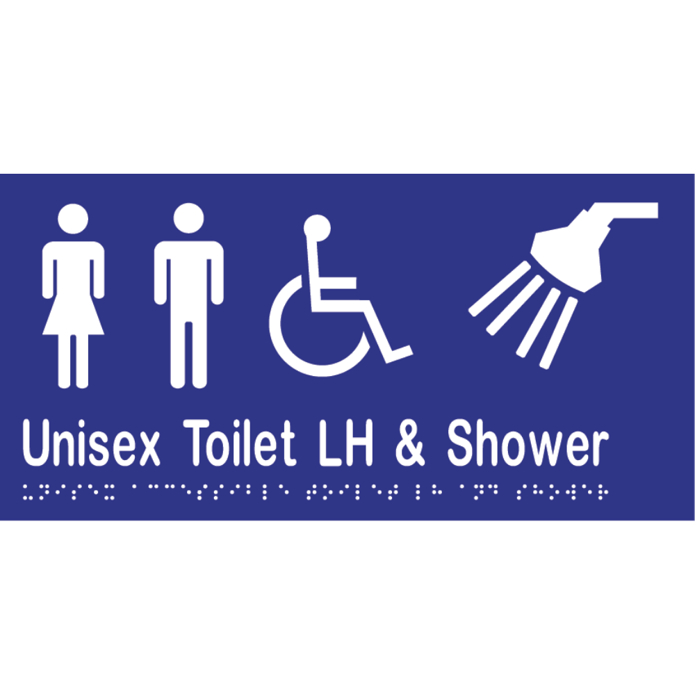 Unisex Acc Tlt LH & Shower Braille Sign -Vinyl - Blue with White Infill