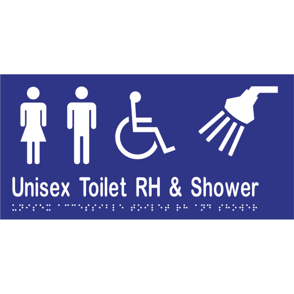 Unisex Acc Tlt RH & Shower Braille Sign -Vinyl - Blue with White Infill