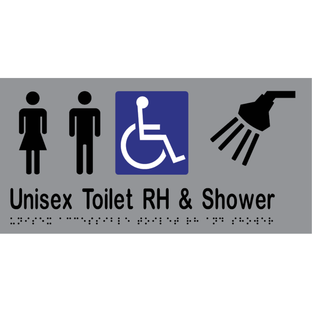 Unisex Acc Tlt RH & Shower Braille Sign - Stainless Steel with Black Infill