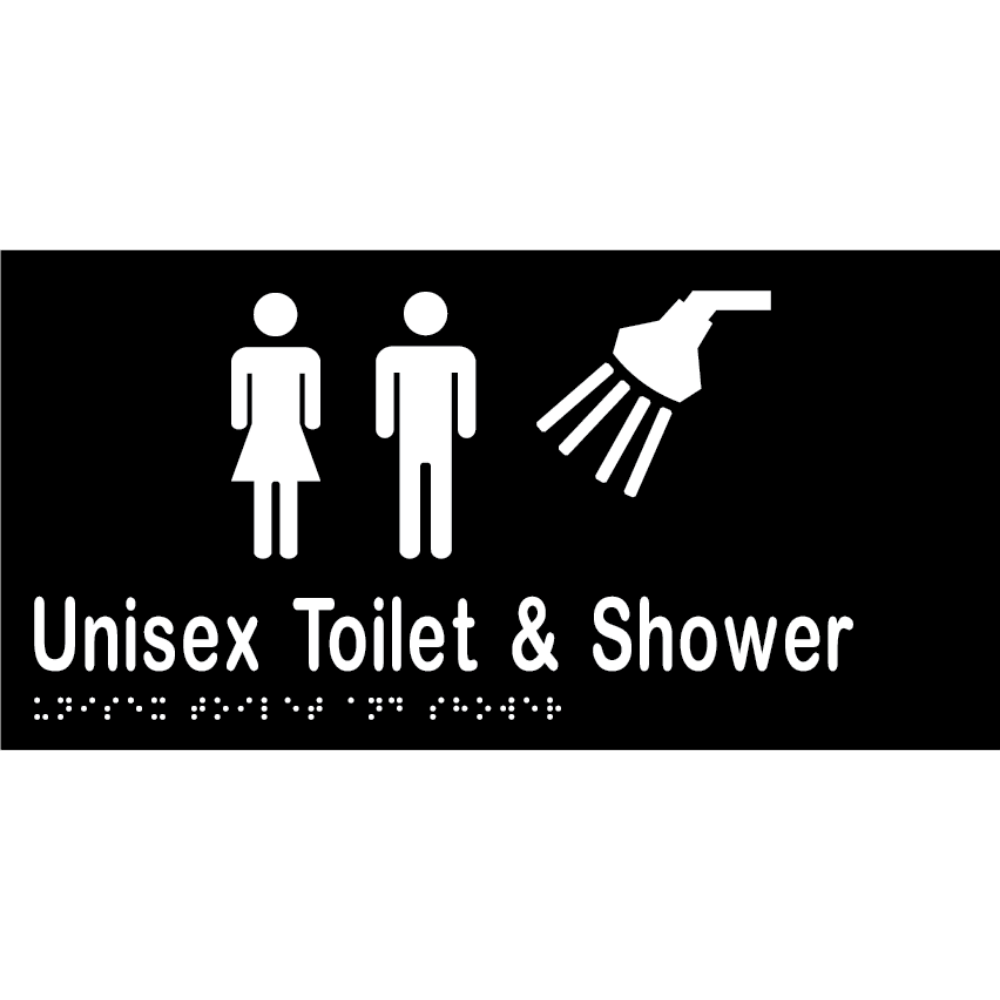 Unisex Toilet & Shower Braille Sign - Vinyl - Black with White Infill