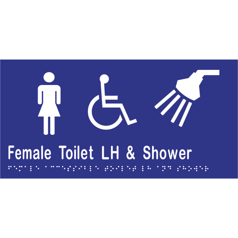 Female Accessible Toilet Left Hand Transfer & Shower - 300x150mm - Vinyl – Blue with White Infill