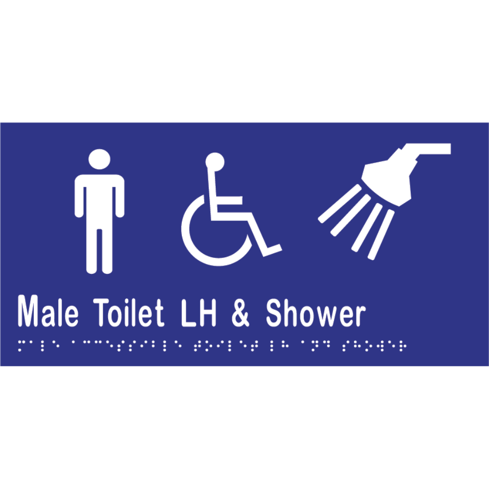Male Accessible Toilet Left Hand Transfer & Shower - 300x150mm - Vinyl – Blue with White Infill