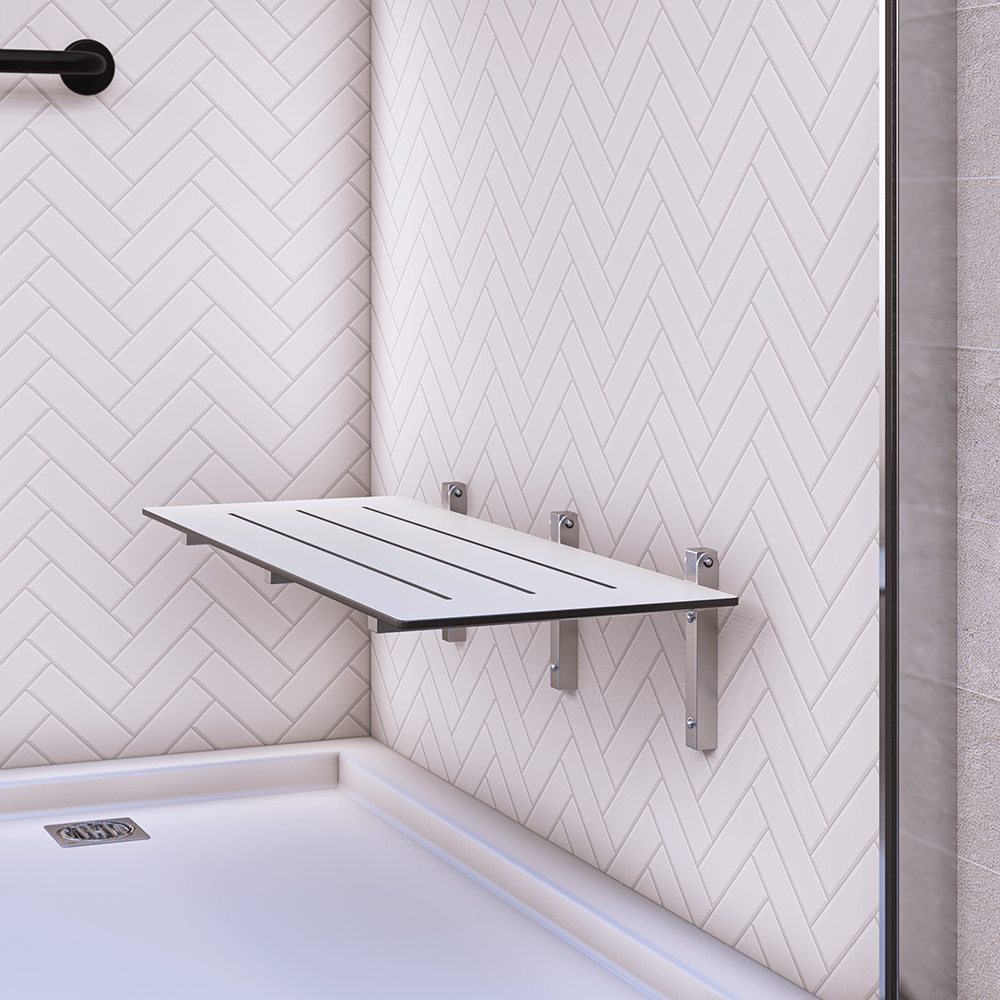 Accessible Folding Shower Seat - 960mmL x 400mmW with 13mm White Compact Laminate Seat Top and Satin Stainless Steel Frame