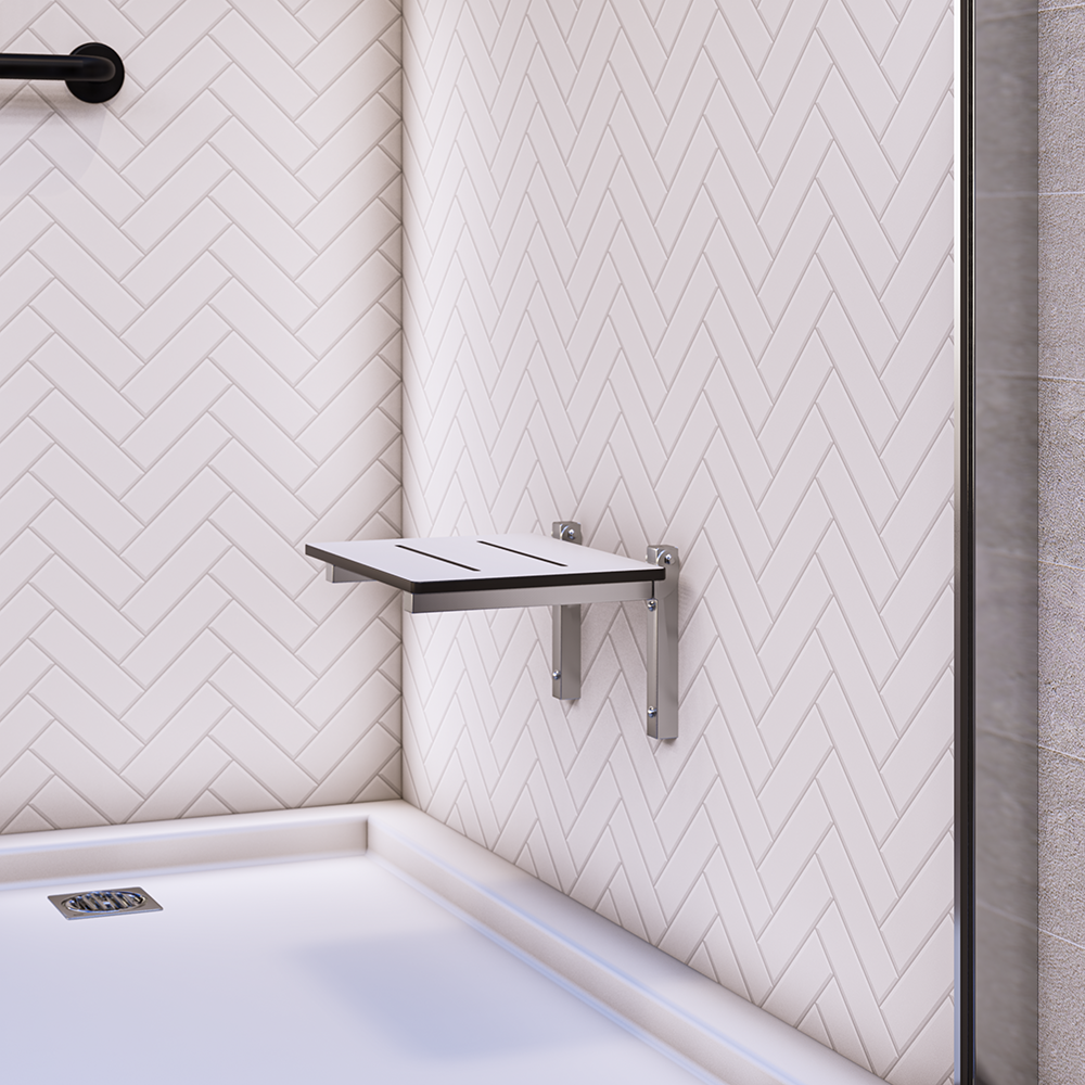 Folding Shower Seat - 355mmL x 315mmW with 13mm White Compact Laminate Seat Top and Satin Stainless Steel Frame