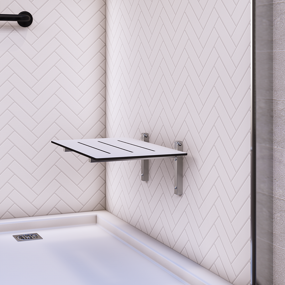 Folding Shower Seat - 600mmL x 400mmW with 13mm White Compact Laminate Seat Top and Satin Stainless Steel Frame