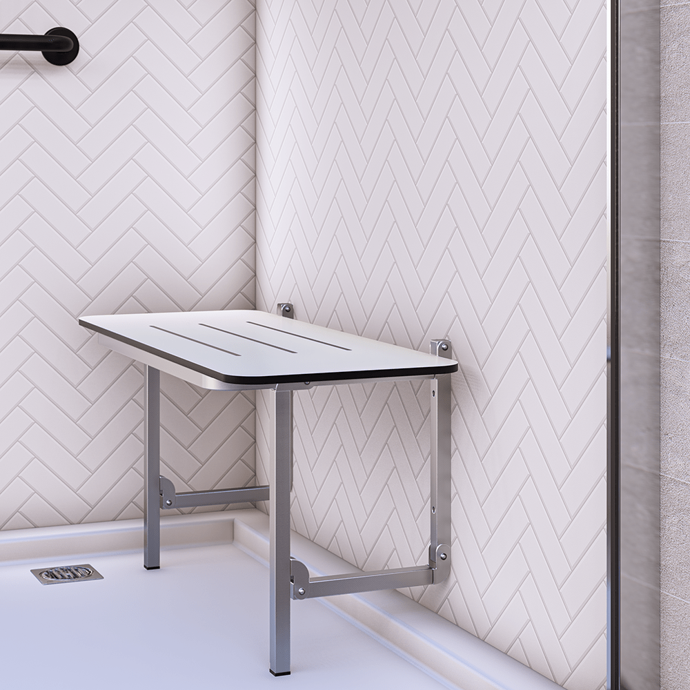 Accessible Folding Shower Seat - 960mmL x 395mmW with 13mm White Compact Laminate Seat Top and Satin Stainless Steel Frame
