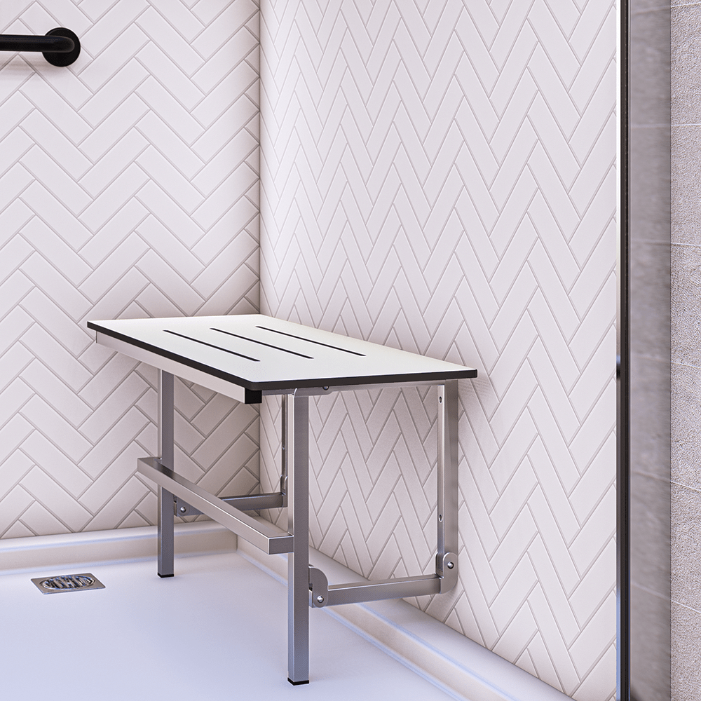 Accessible Folding Shower Seat - 960mmL x 400mmW with 13mm Off White Phenolic Seat Top with Handle and Satin Stainless Steel Frame