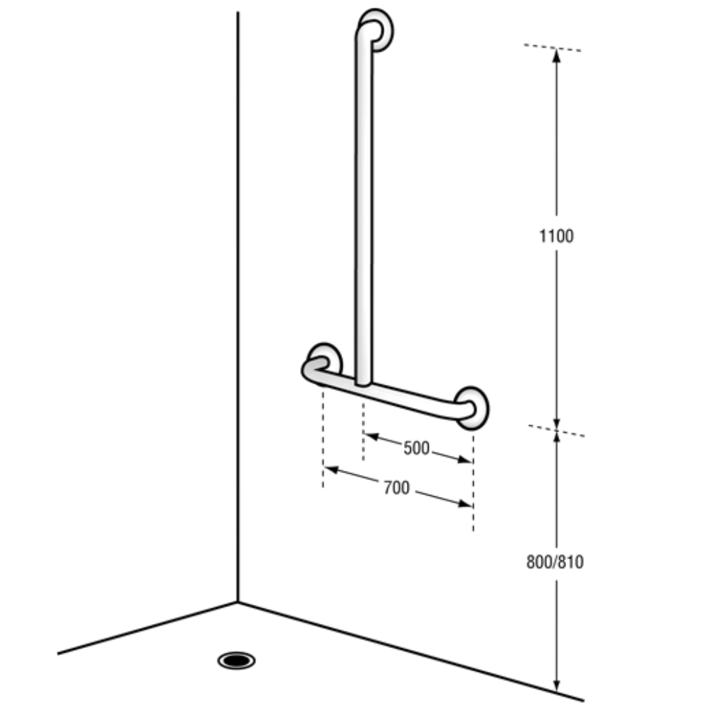 Bariatric Offset Flush Mount Shower Left Hand Grab Rail – 1100mm x 700mm, Satin Stainless Steel