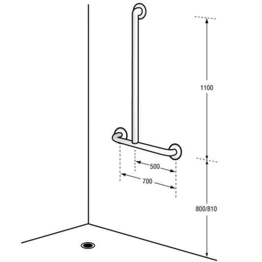 Bariatric Offset Flush Mount Shower Left Hand Grab Rail – 1100mm x 700mm, Satin Stainless Steel