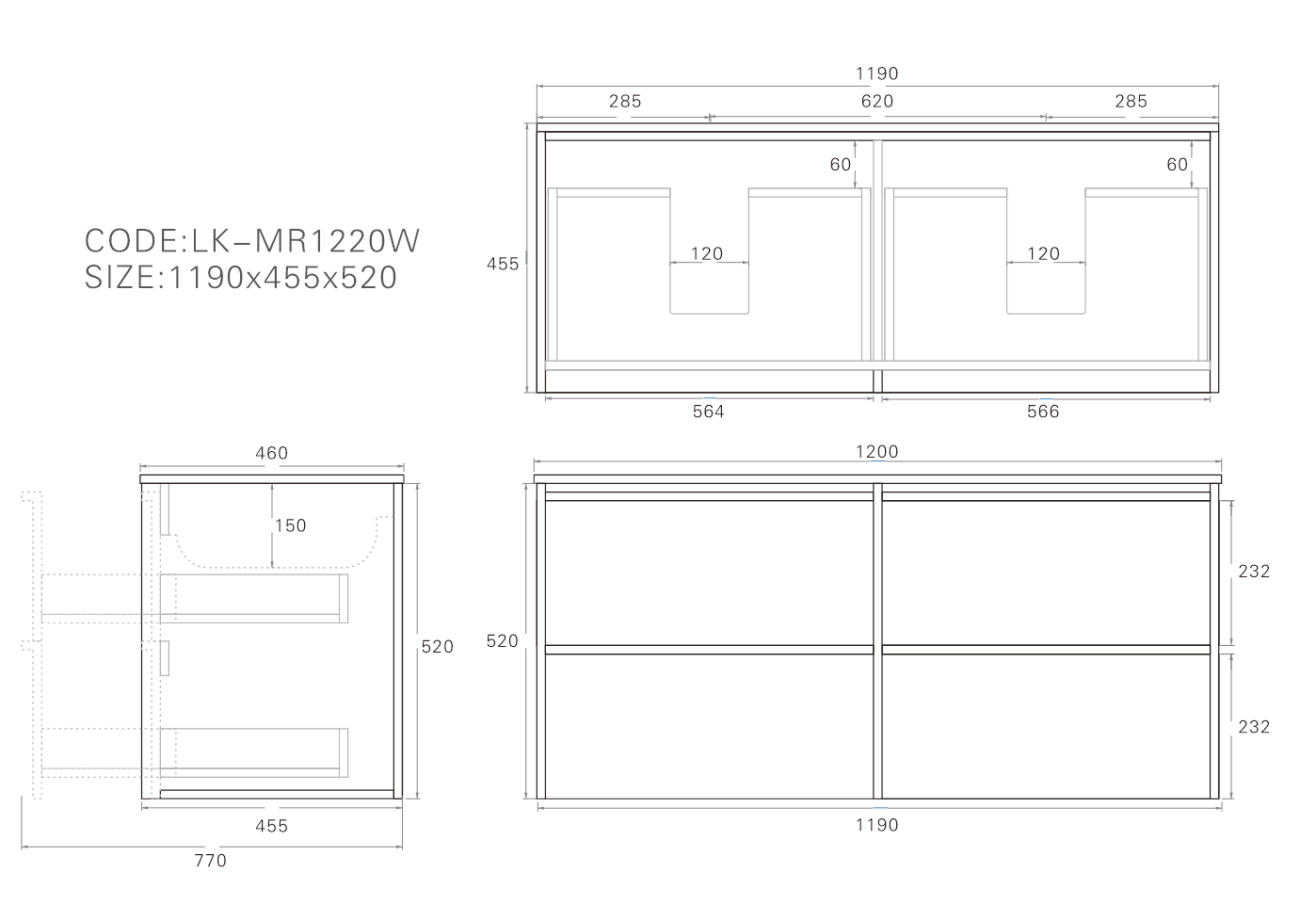 1200mm Ridgewood Wall Hung Plywood Single or Double Bowl Cabinet - Sandy Oak Woodmatt - Cabinet Only