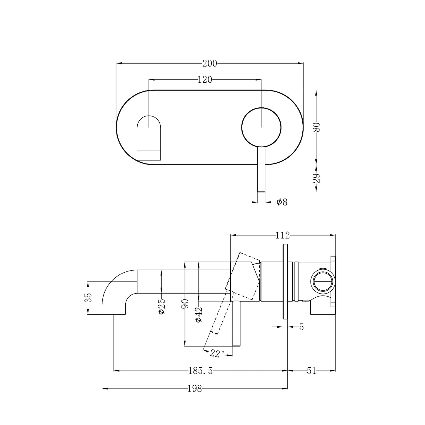 Zen SS316L Wall Basin/Bath Mixer 185mm Spout Graphite