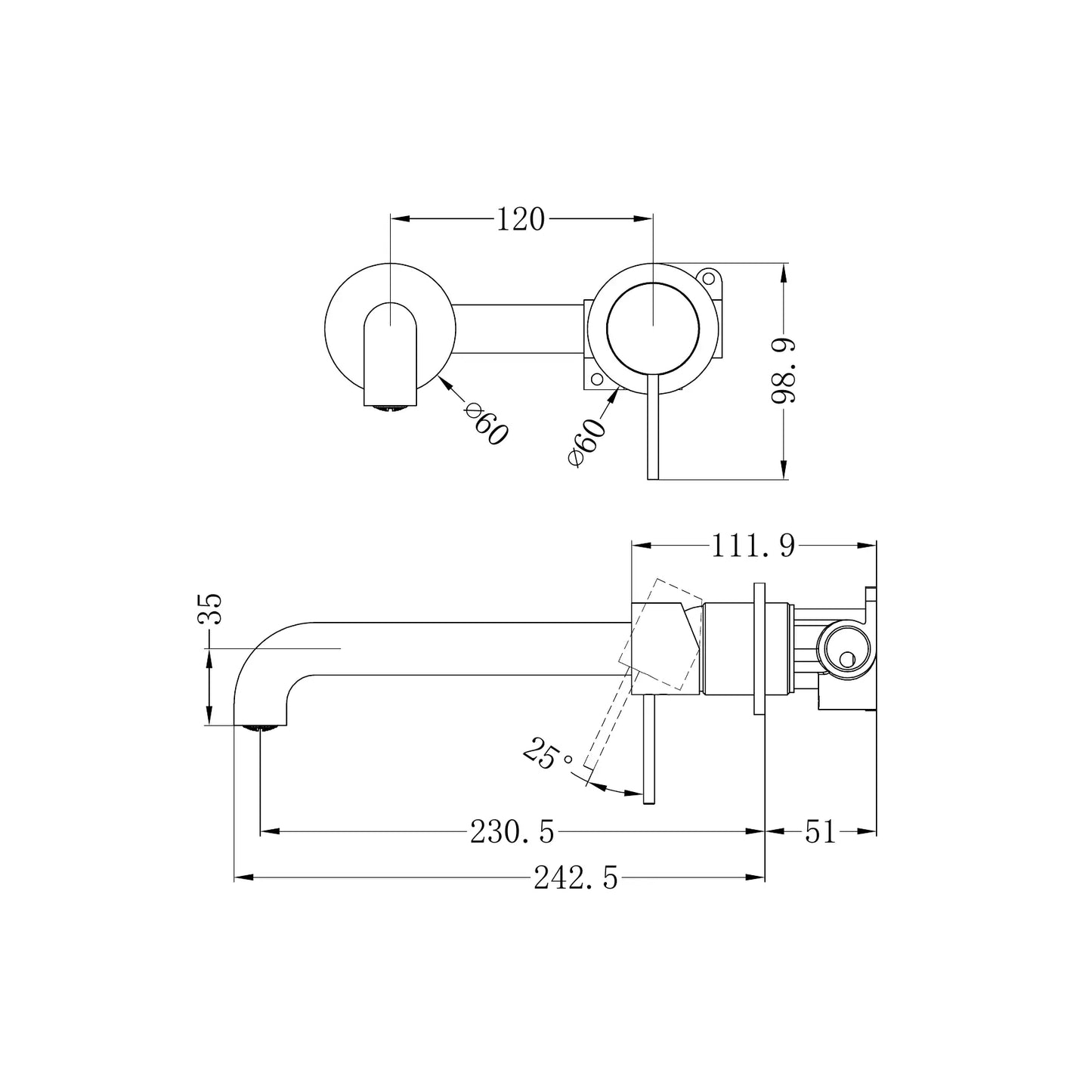 Mecca Wall Basin/Bath Mixer Separate Back Plate 230mm Brushed Gold