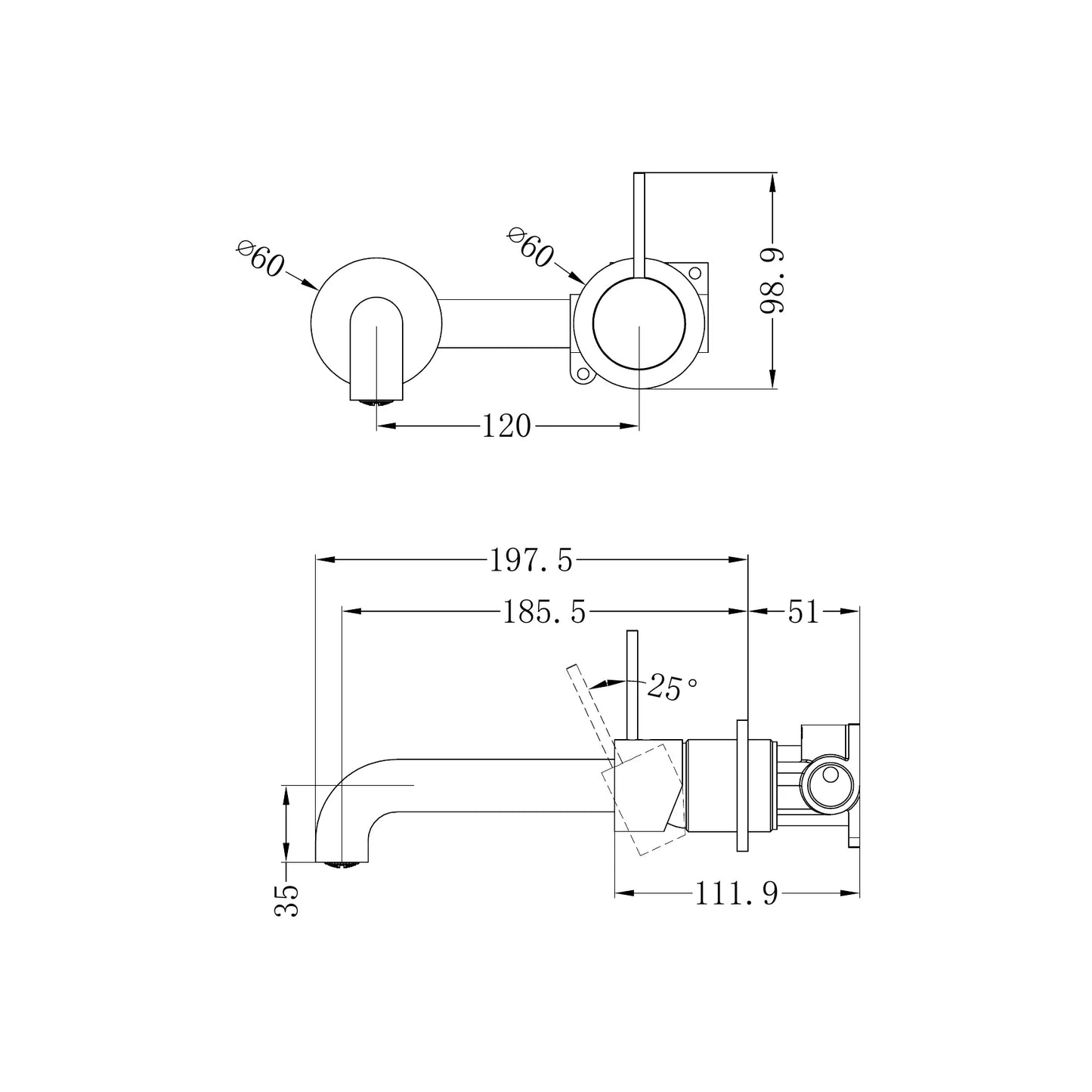 Mecca Wall Basin/Bath Mixer Separate Back Plate Handle Up 185mm Brushed Bronze