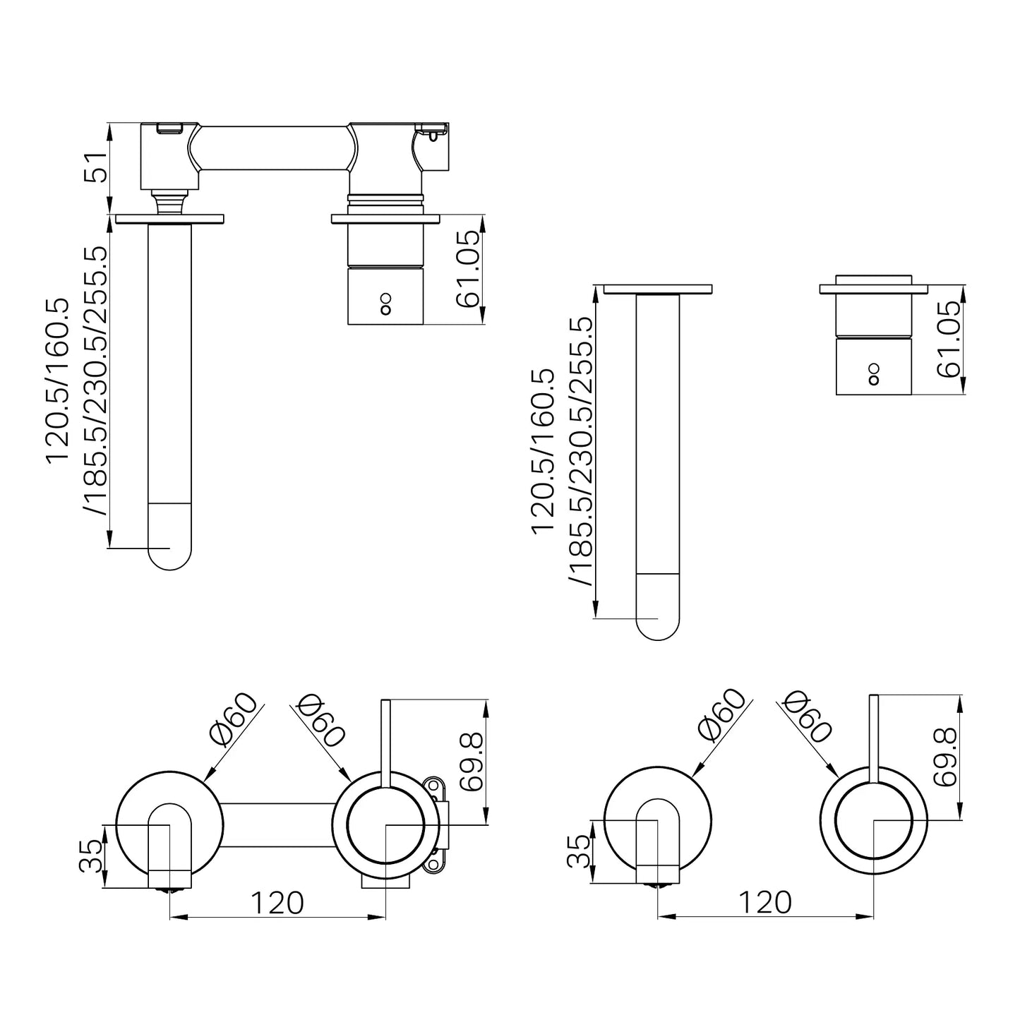 Mecca Wall Basin/Bath Mixer Separate Back Plate Handle Up 230mm Trim Kits Only Brushed Gold