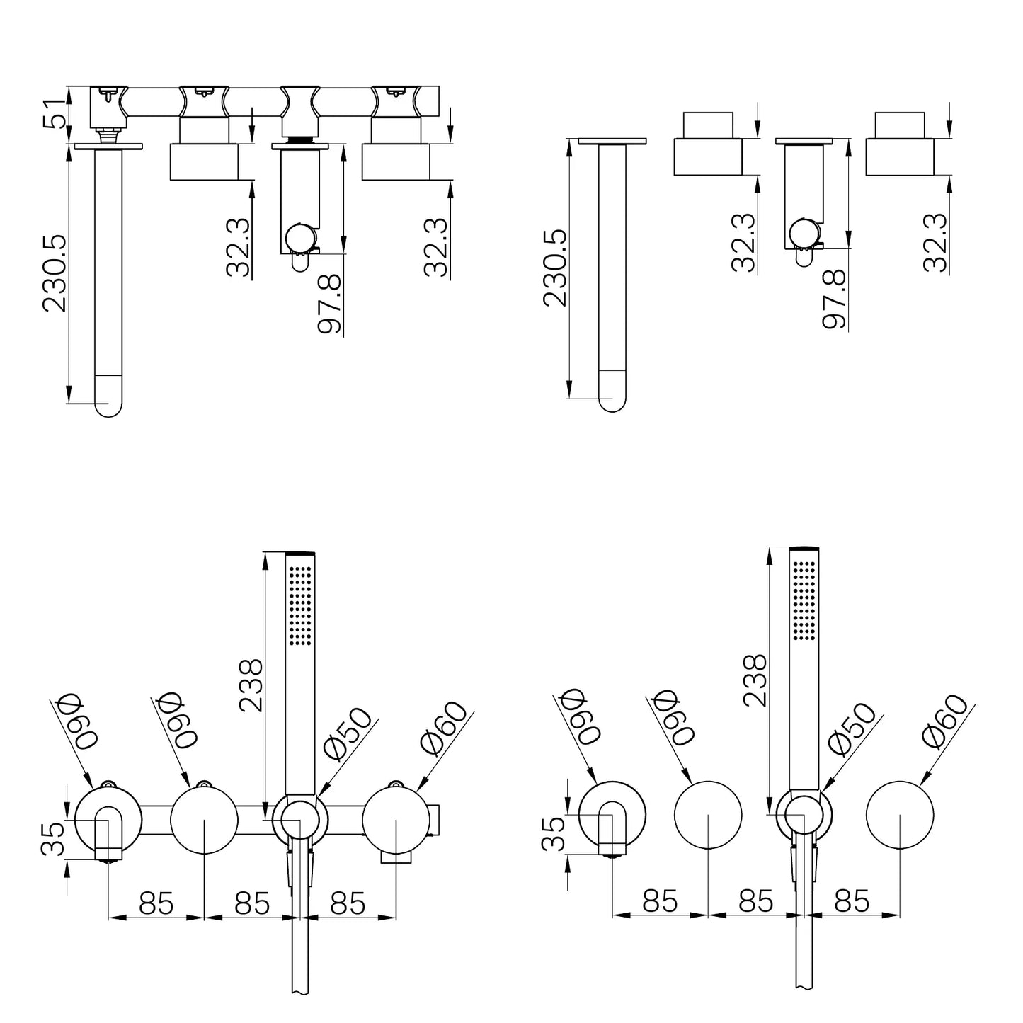 Kara Progressive Shower System Separate Plate With Spout 230mm Gun Metal