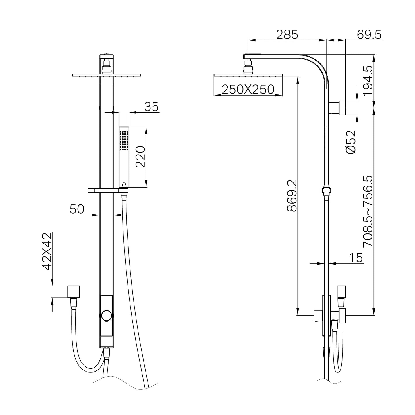 Astra Rain Square Twin Shower Double Hose Matte Black