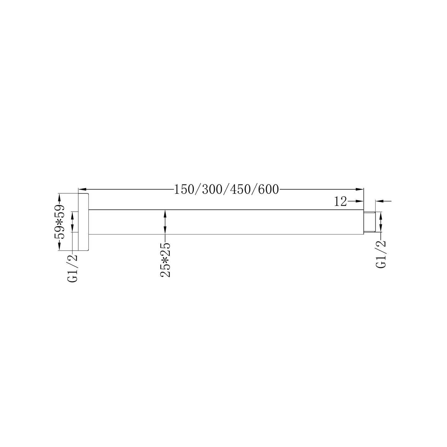 Square Ceiling Arm 300mm Length Gun Metal