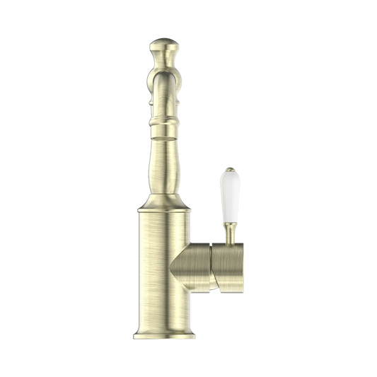 York Basin Mixer With White Porcelain Lever Aged Brass